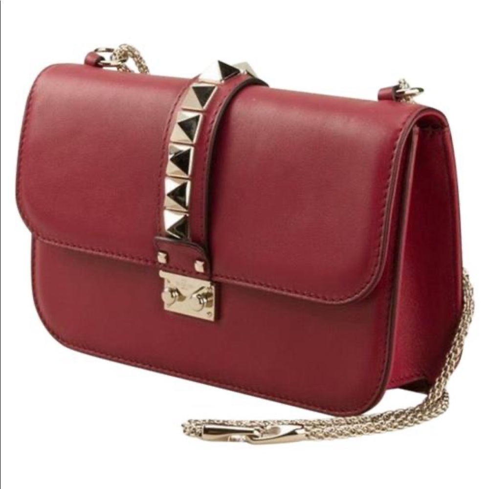 VALENTINO Red Leather Rockstud Glam Lock Medium